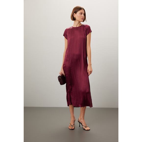 Madewell Mulberry Wine Oversized Short-Sleeve Slip Midi Dress Plissé Size XS - Picture 1 of 15